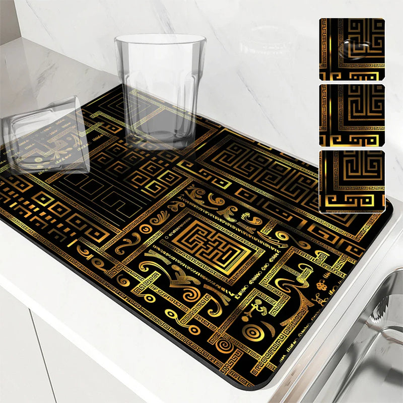 Axyaa Non-slip Dish Drying Mat: Heat Resistant, Absorbent, Ethnic Lines Design
