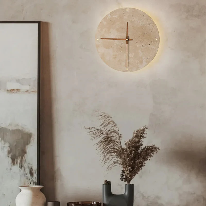 Axyaa Round Natural Stone Clock Wall Lamp, LED Sconce for Home Decor
