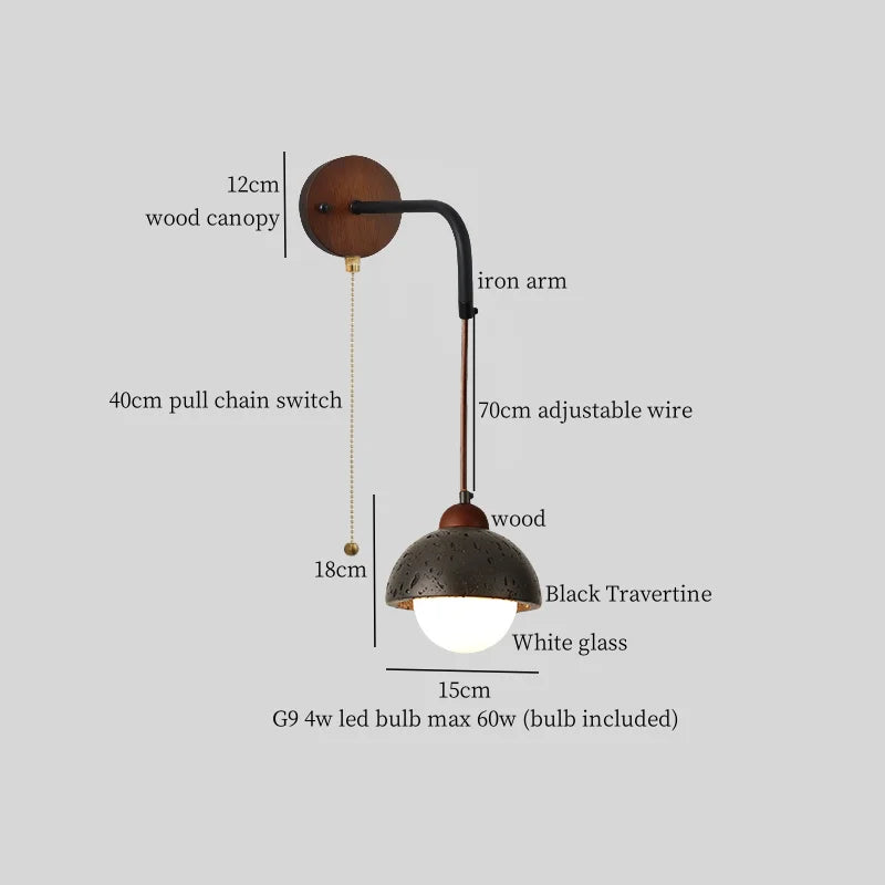 Axyaa Wabi Sabi LED Wall Light 70CM Black Travertine Bedside Lamps