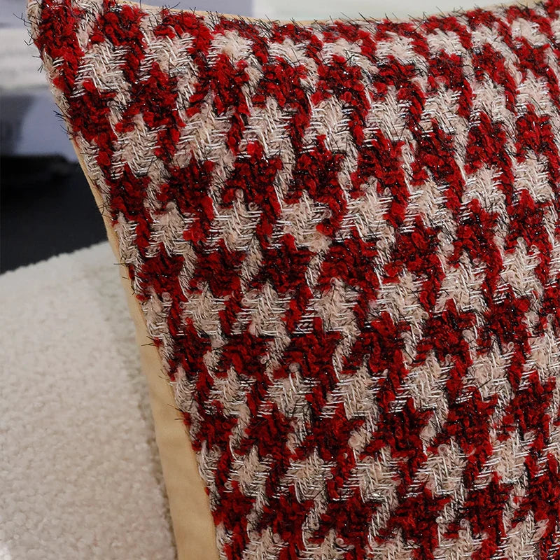 Axyaa Retro Red Houndstooth Christmas Cushion Cover for Home Decor