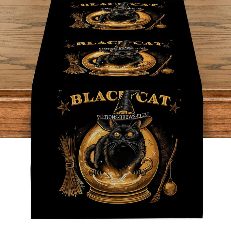 Axyaa Black Cat Broom Jar Hat Table Runner Halloween Decor