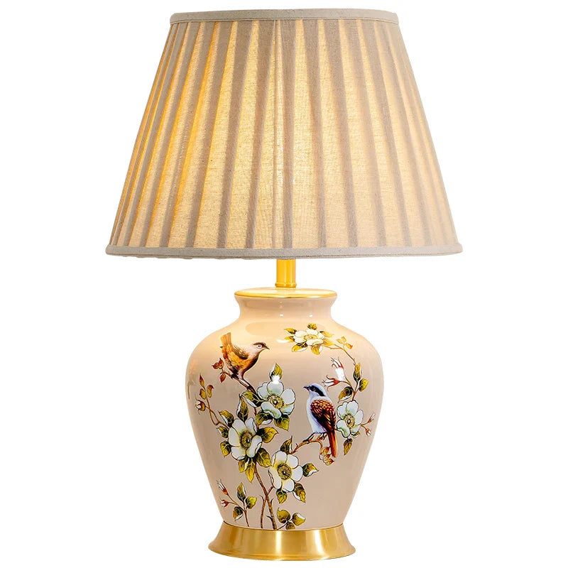 Axyaa Retro Flower Bird Ceramic Table Lamp Bedroom Living Room Study New Chinese Style