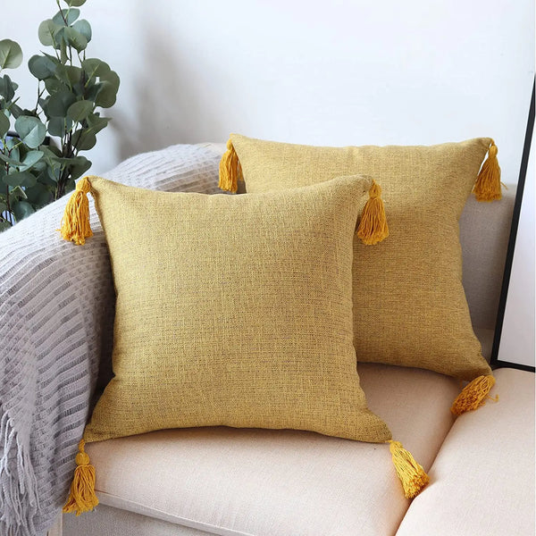 45x45cm Yellow Linen Cushion Cover Boho Chic Decorative Throw Pillow Cover for Sofa - Axyaa