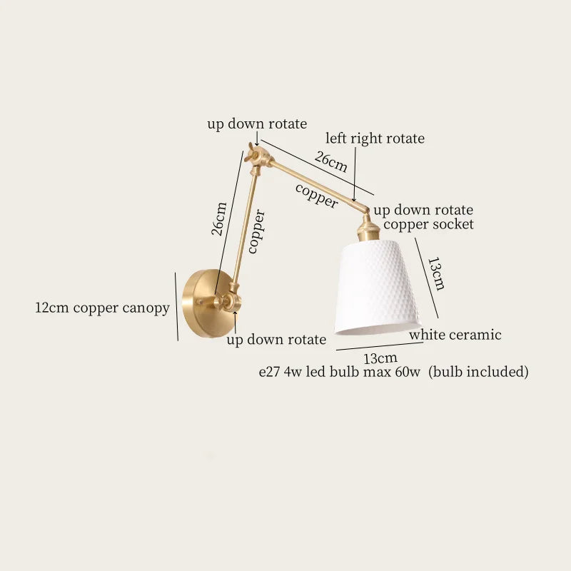 Axyaa Ceramic LED Wall Lamp Pull Chain Switch Nordic Copper Wandlamp