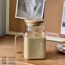 Axyaa Square Glass Mug with Bamboo Lid and Bent Glass Straw, 620ml