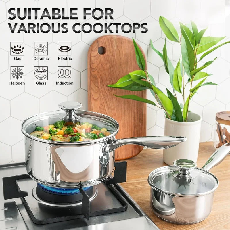 Axyaa 3Pc Stainless Steel Stew Pot Set with Lid & Steel Handle, Induction Compatible