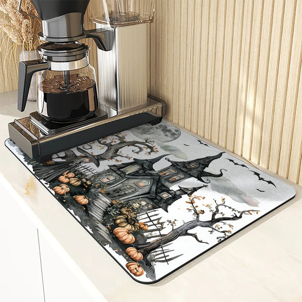 Axyaa Halloween Watercolor Draining Mat - Absorbent & Quick Dry Kitchen/Bathroom Drain Pad