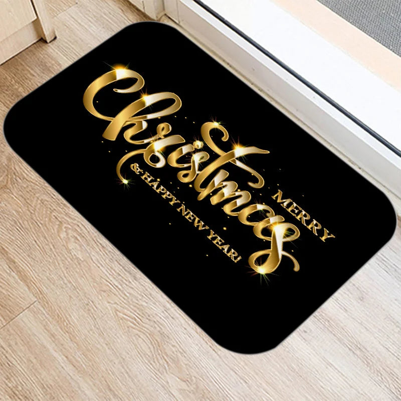 Axyaa Merry & Happy Year Door Mat: Golden Black Letter Print, Non-Slip Floor