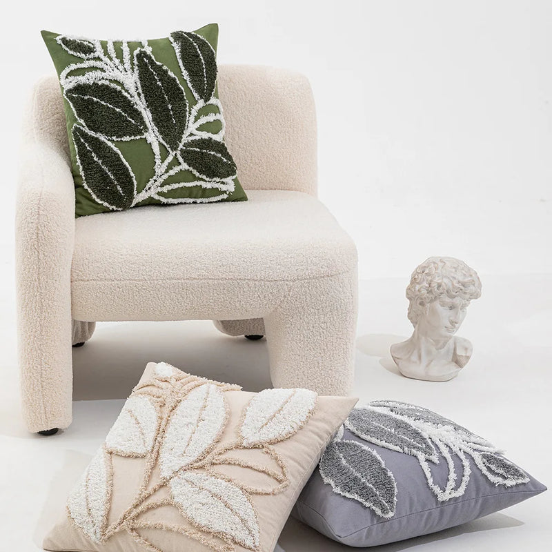 Axyaa Tufted Plush Leaves Pillowcase: Modern Plant Cartoon Pattern, 45x45cm