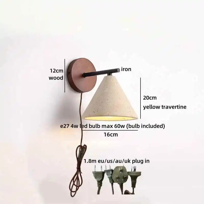 Axyaa LED Wall Lights Bathroom Decor Pull Chain Switch Black Iron Yellow Travertine