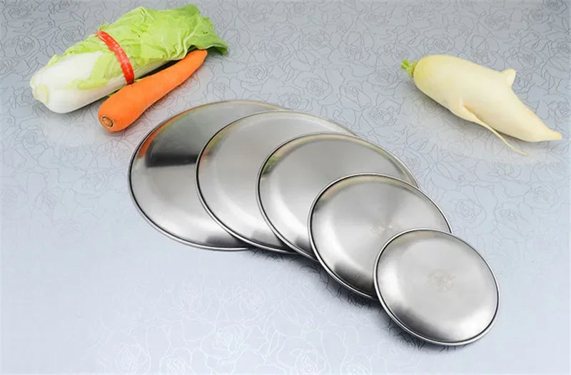 Axya Stainless Steel Round Steak Plate Tray with Hairline Finish Mirror Steak Tray BBQ Tableware