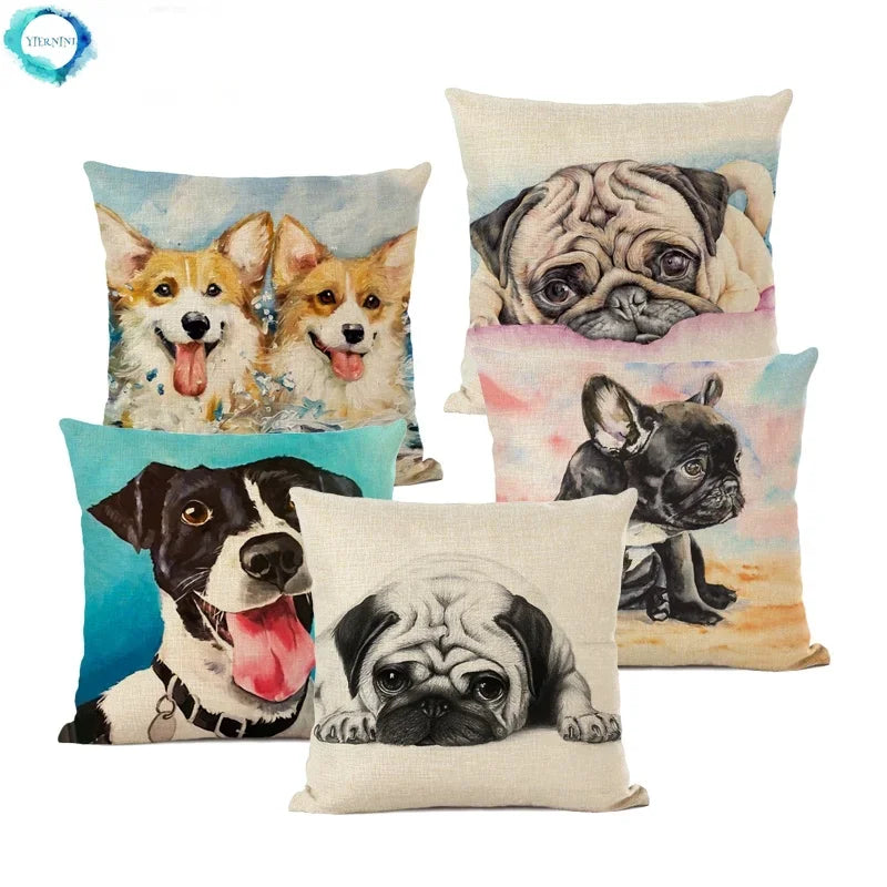 Cute Bulldog Hand-Painted Linen Pillowcase by Axyaa Teddy Collection