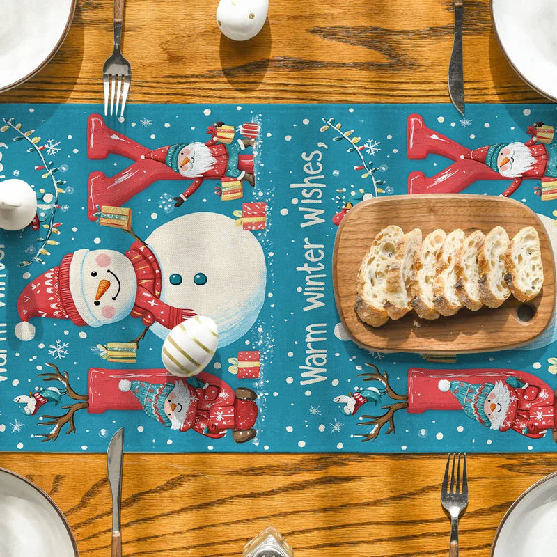 Holiday Table Runner Set by Axyaa: Festive Snowman Deer Dwarf Decor for Kitchen Party
