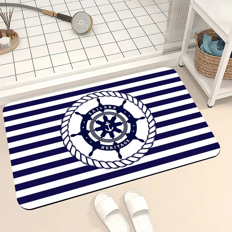Axyaa Blue Emblem Pattern Diatom Mud Floor Mat: Super Non-Slip & Absorbent