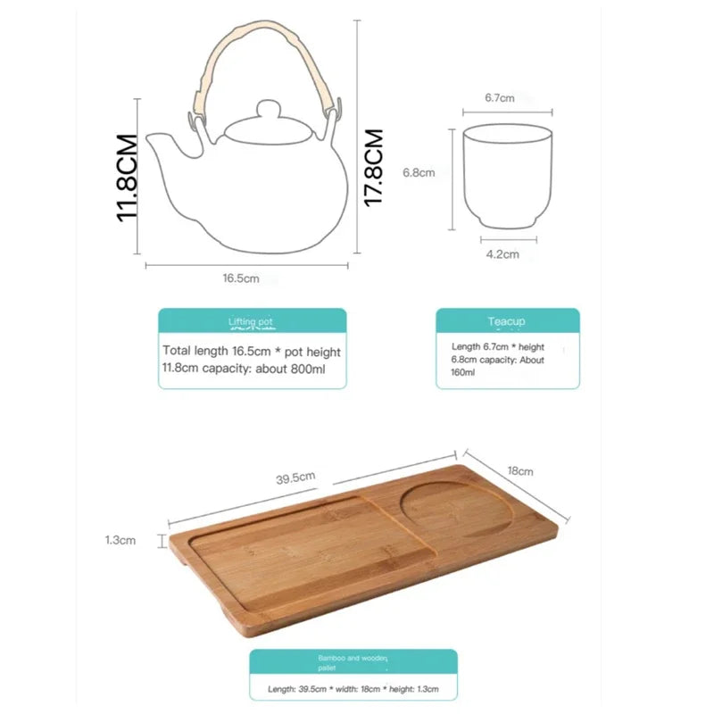 Axya Lucky Cat Ceramic Tea Set with Wooden Tray and Tea Cups