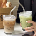 Axyaa Stripe Glass Cup with Lid & Straw, 600ml, Drinkware for Coffee, Juice, Milk, Tea