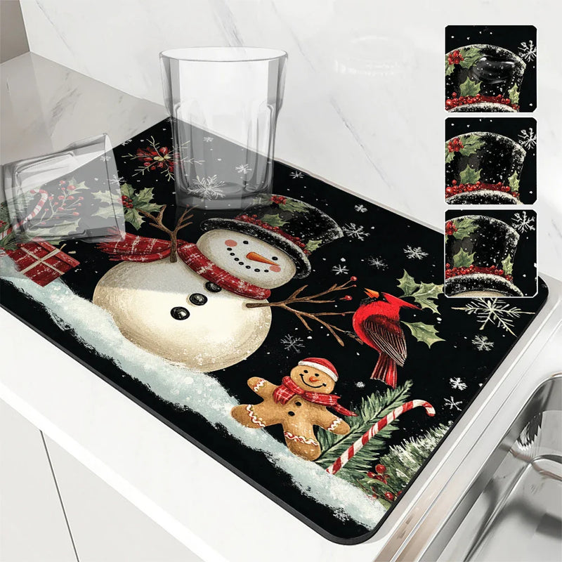 Axyaa Christmas Coffee Dish Mat Large Kitchen Absorbent Anti-slip Draining Pad