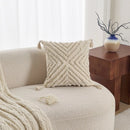 Cream Woven Tufted Pillowcase with Beige Tassel Embroidery by Axyaa