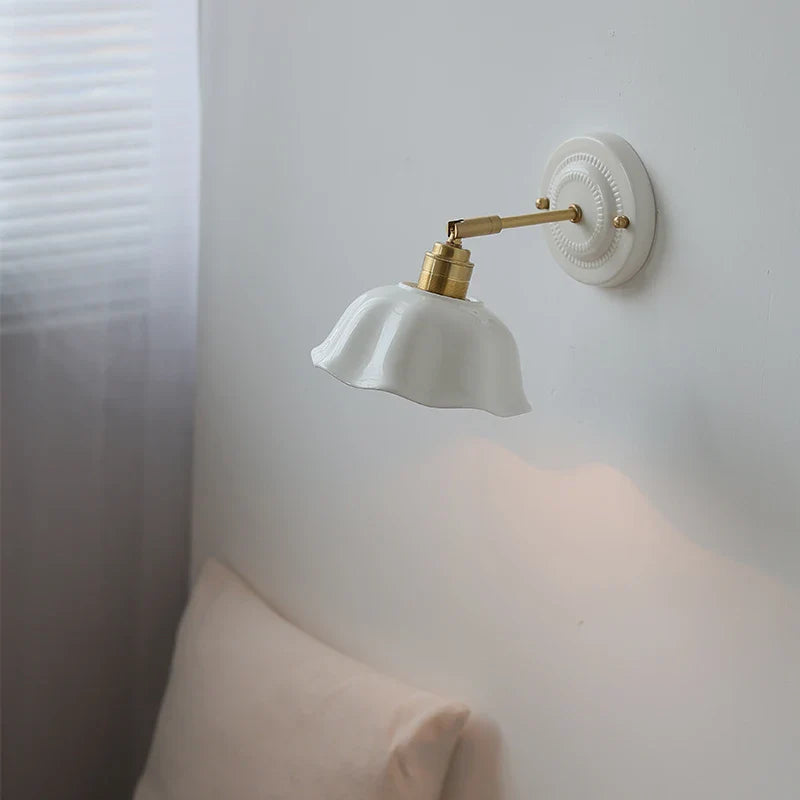 Axyaa White Ceramic LED Wall Sconce with Copper Arm for Modern Living Spaces
