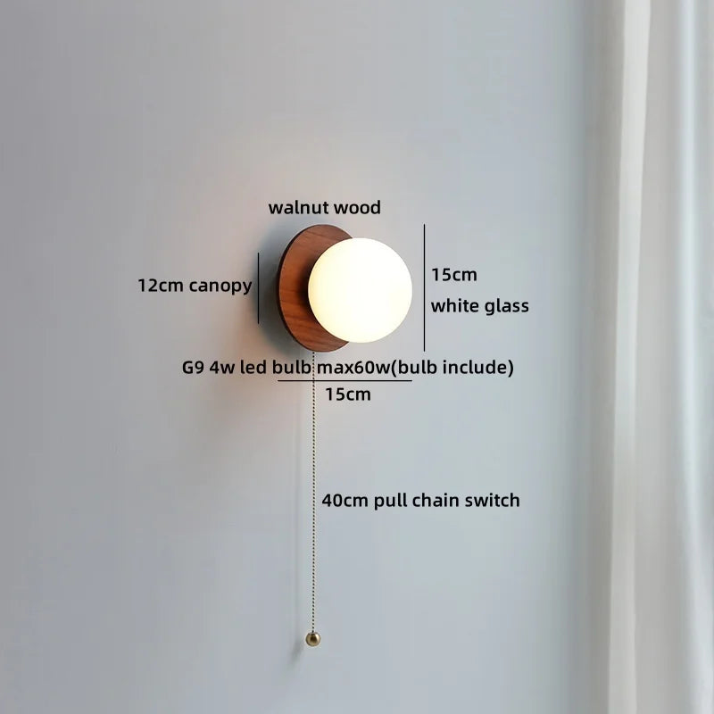 Axyaa Nordic LED Walnut Wood Glass Ball Wall Sconce with Pull Chain Switch