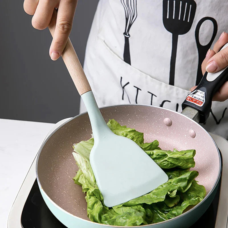 Axyaa Silicone Cooking Spatula Turner with Wooden Handle - Home Kitchen Utensil