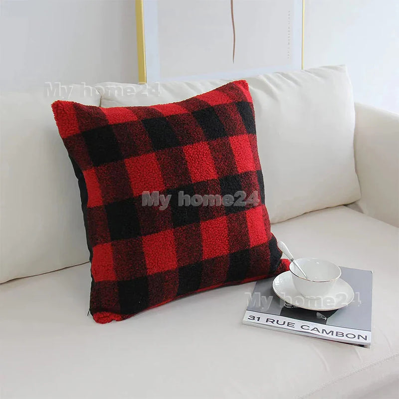Axyaa Checkerboard Plaid Knit Plush Pillow Cover for Car Sofa, 45*45cm, 50*50cm