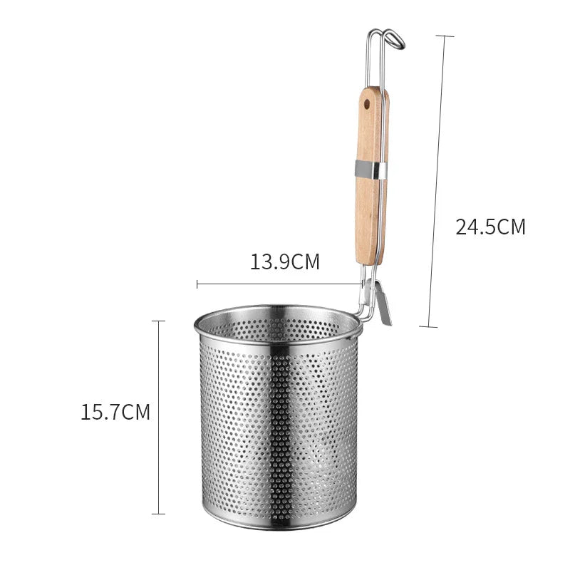 Axyaa Stainless Steel Hot Pot Colander with Wooden Handle - Kitchen Skimmer Basket