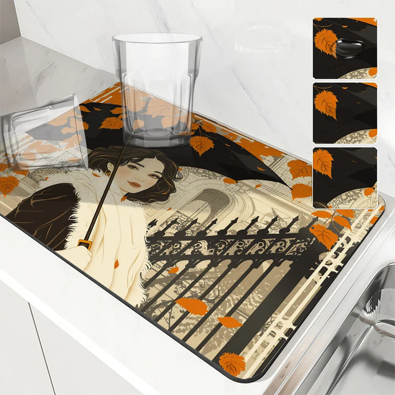 Axyaa Retro Coffee Dish Mat: Absorbent, Anti-slip, Quick Dry Draining Mat for Kitchen and Bathroom