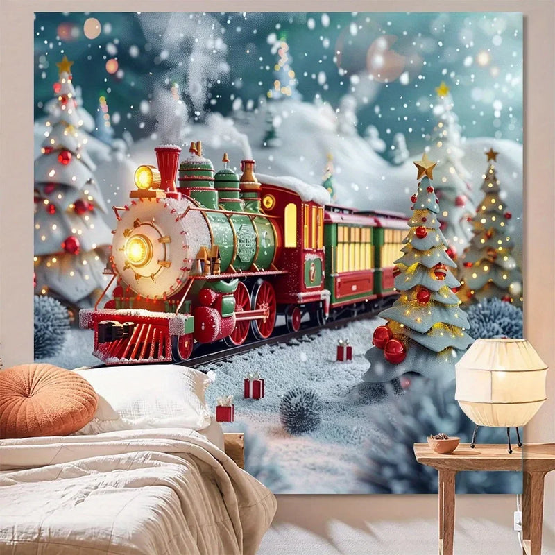 Christmas Candy Train Tapestry - Axyaa Red Background Cloth for Outdoor Home Decoration