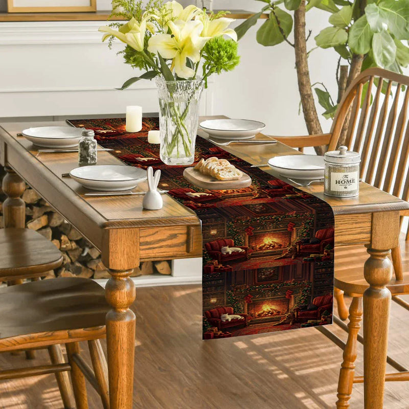 Axyaa Christmas Cat Fireplace Bow Table Runner for Kitchen Holiday Party Decor