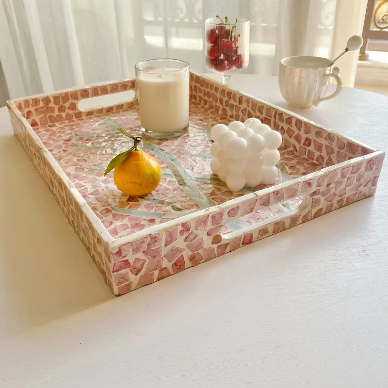 Axya Pink Mother-of-Pearl Seashell Tray: Handmade Fruit Basket Organizer