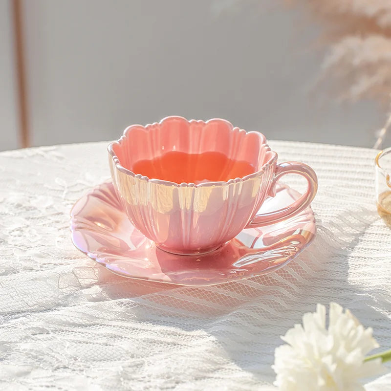 Axya Petal Ceramic Coffee Cup and Saucer Set for Afternoon Tea and Milk - 8oz