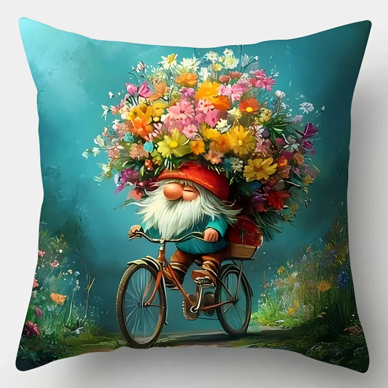 Axyaa Whimsical Gnome & Floral Pillow Covers, 45x45cm, Vibrant Garden Scene, Polyester