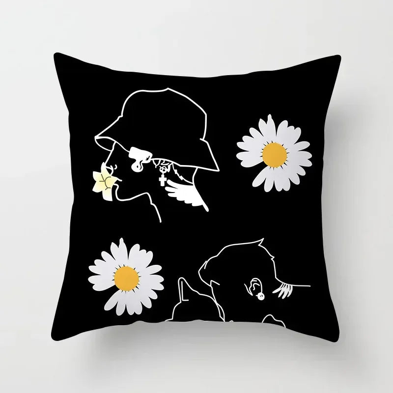 Nordic Daisy Print Pillow Cover by Axyaa - Modern Floral Cushion for Living Room