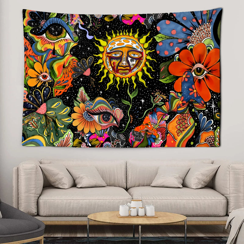 Axyaa Mushroom Skull Psychedelic Tapestry Sunshine Hippie Flowers Wall Tapestry