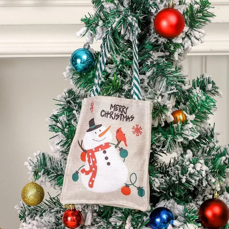 Christmas Candy Bag with Snowman & Santa Claus Pattern by Axyaa - Festive Tote Bag