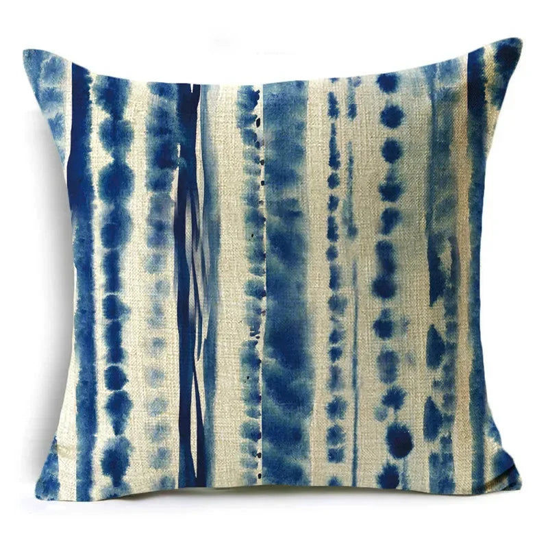 Axyaa Blue Texture Print Linen Cushion Case for Living Room Sofa - 40cm/45cm/50cm