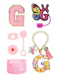 Axyaa Cup Set: Initials Silicone Straw Cap Boot Handle Sticker Charm