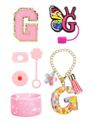 Axyaa Cup Set: Initials Silicone Straw Cap Boot Handle Sticker Charm
