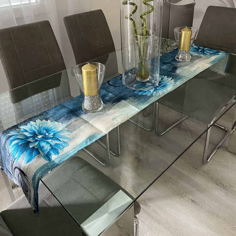 Axyaa Blue Dahlia Oil Painting Table Runner - Home Dinner Table Decor