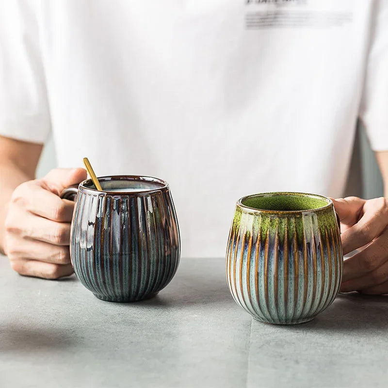 Axyaa Ceramic Vertical Pattern Coffee Mug, Japanese Style, Large Capacity, Retro Design