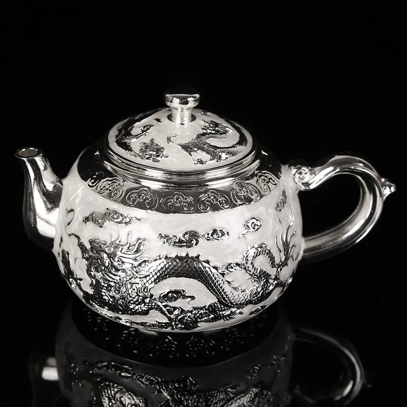 Axya Dragon Phoenix Metal Tea Set Tray 6 Teacup Teapot Teaware Utensils