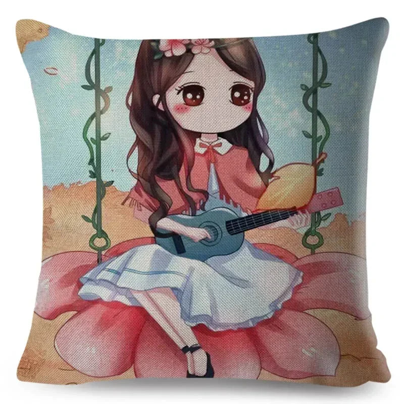 Axyaa Beautiful Girl Pattern Linen Pillowcase for Living Room and Bedroom