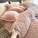 Axyaa Velvet Carved Duvet Set 4Pcs Bedding Set Plush Fleece Warm Softness