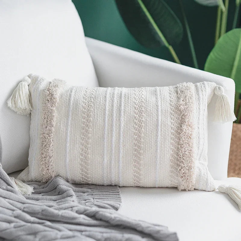 Ivory Tassel Cushion Cover - Moroccan Style Tuft - Axyaa Brand