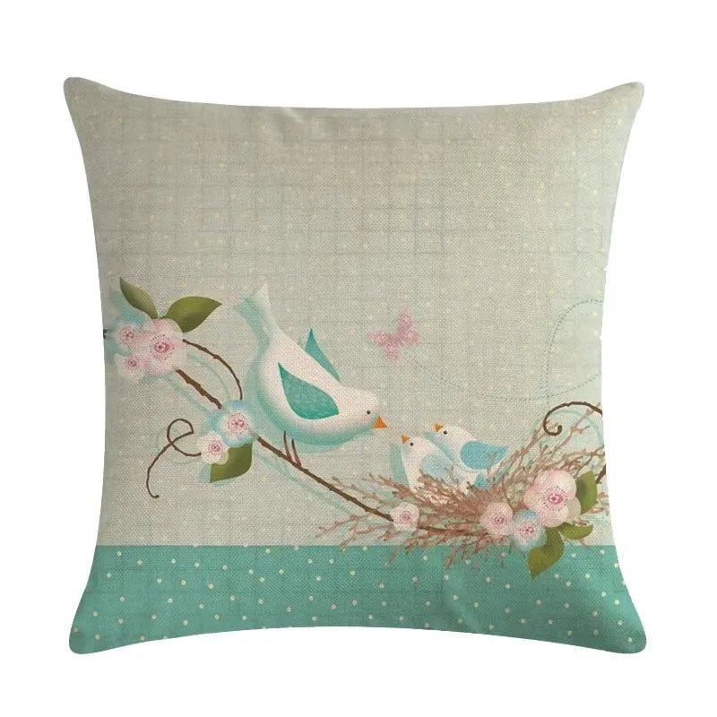 Blue Flower Bird Branch Pattern Cushion Set by Axyaa - Square Pillowcase Home Decoration