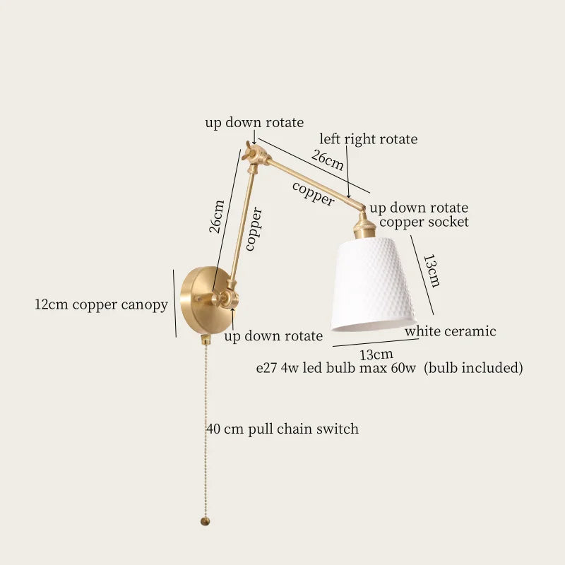 Axyaa Ceramic LED Wall Lamp Pull Chain Switch Nordic Copper Wandlamp
