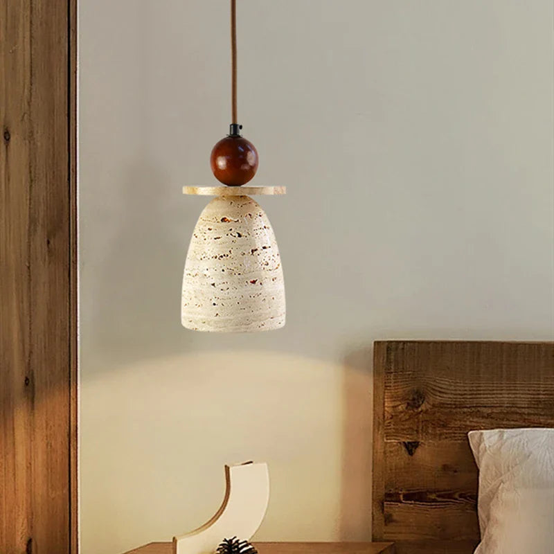Axyaa Yellow Travertine Wood Pendant Light, LED Hanging Lamp for Dinging Living Room