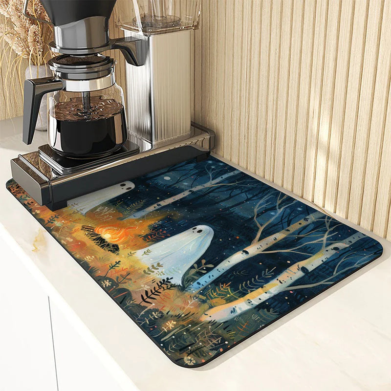 Axyaa Halloween Desk Drain Pad: Heat Resistant Dish Drying Mat, Non-slip Kitchen Placemat