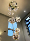 Axyaa Minimalist LED Glass Chandelier, Round Ball Gold Hanging Lights for Staircases